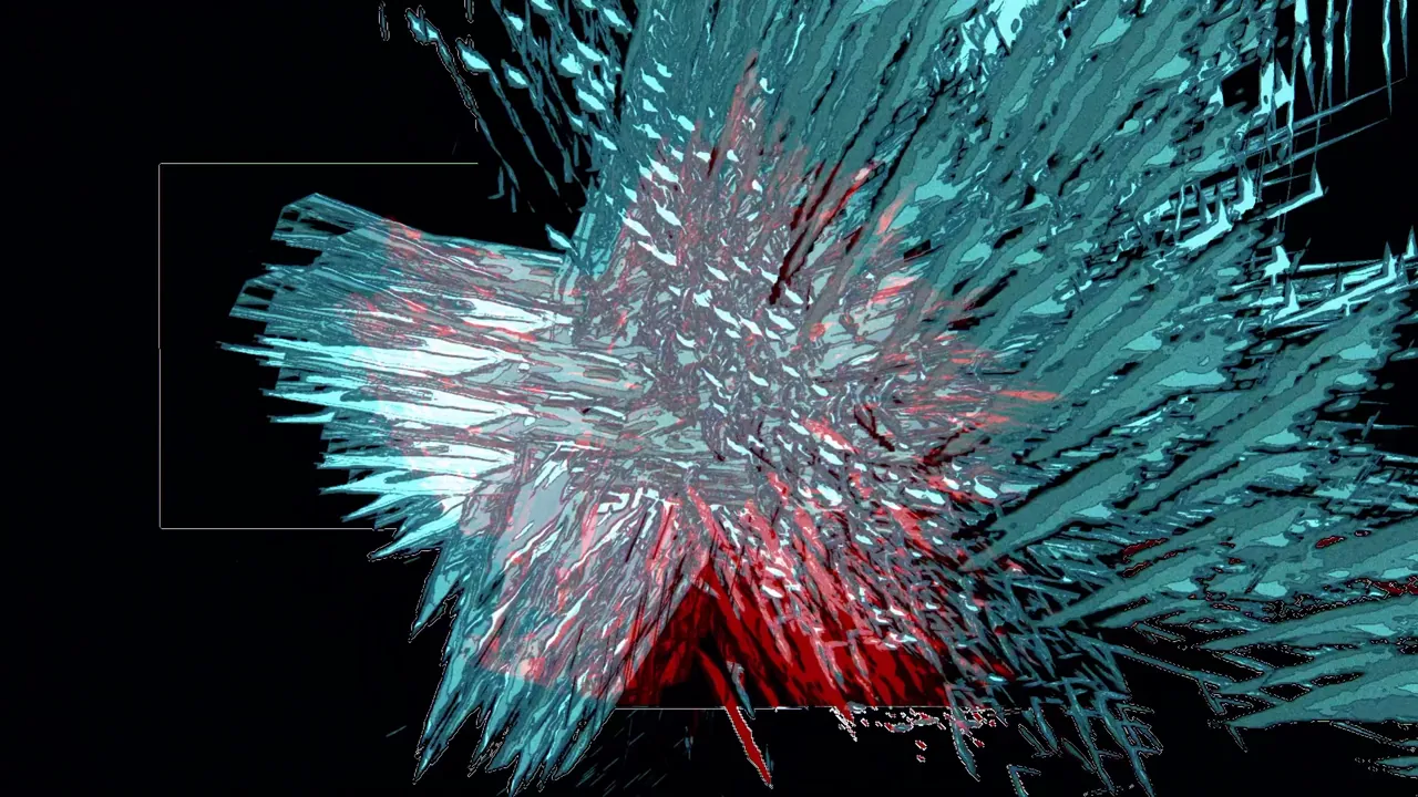 Fixate visual: cyan and red crystalline burst on black