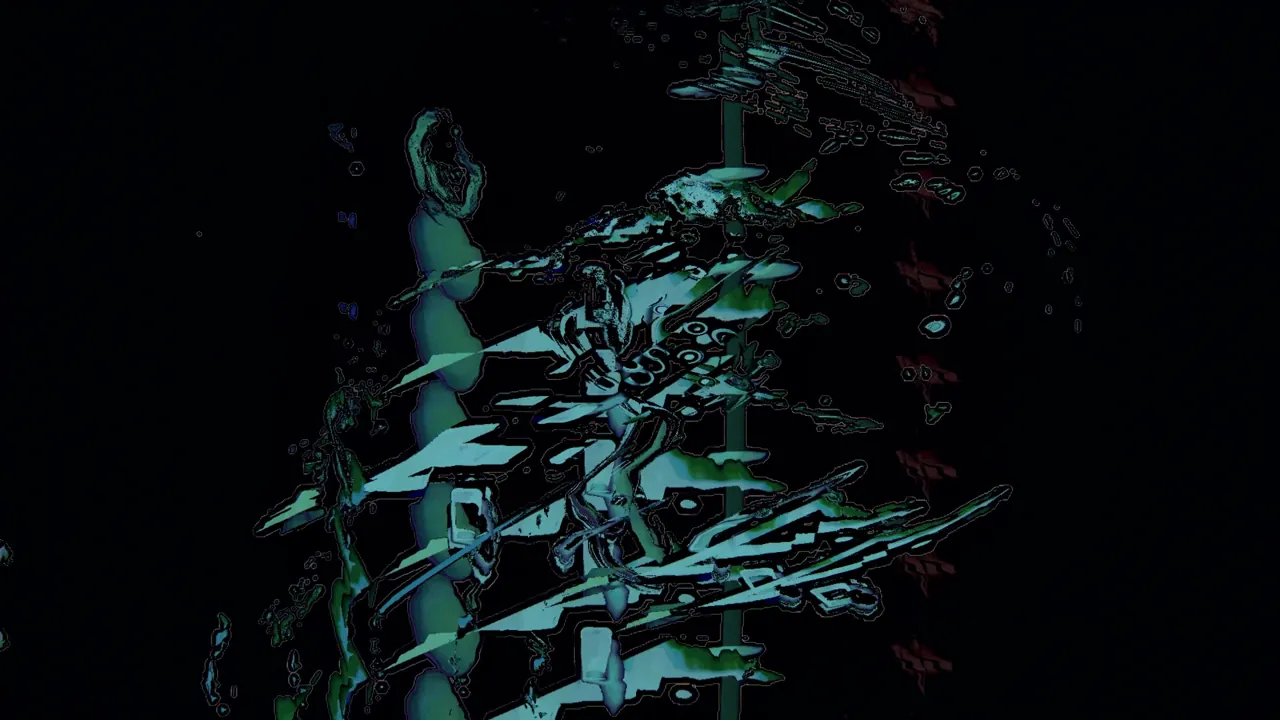 Fixate visual: fragmented cyan figure on black