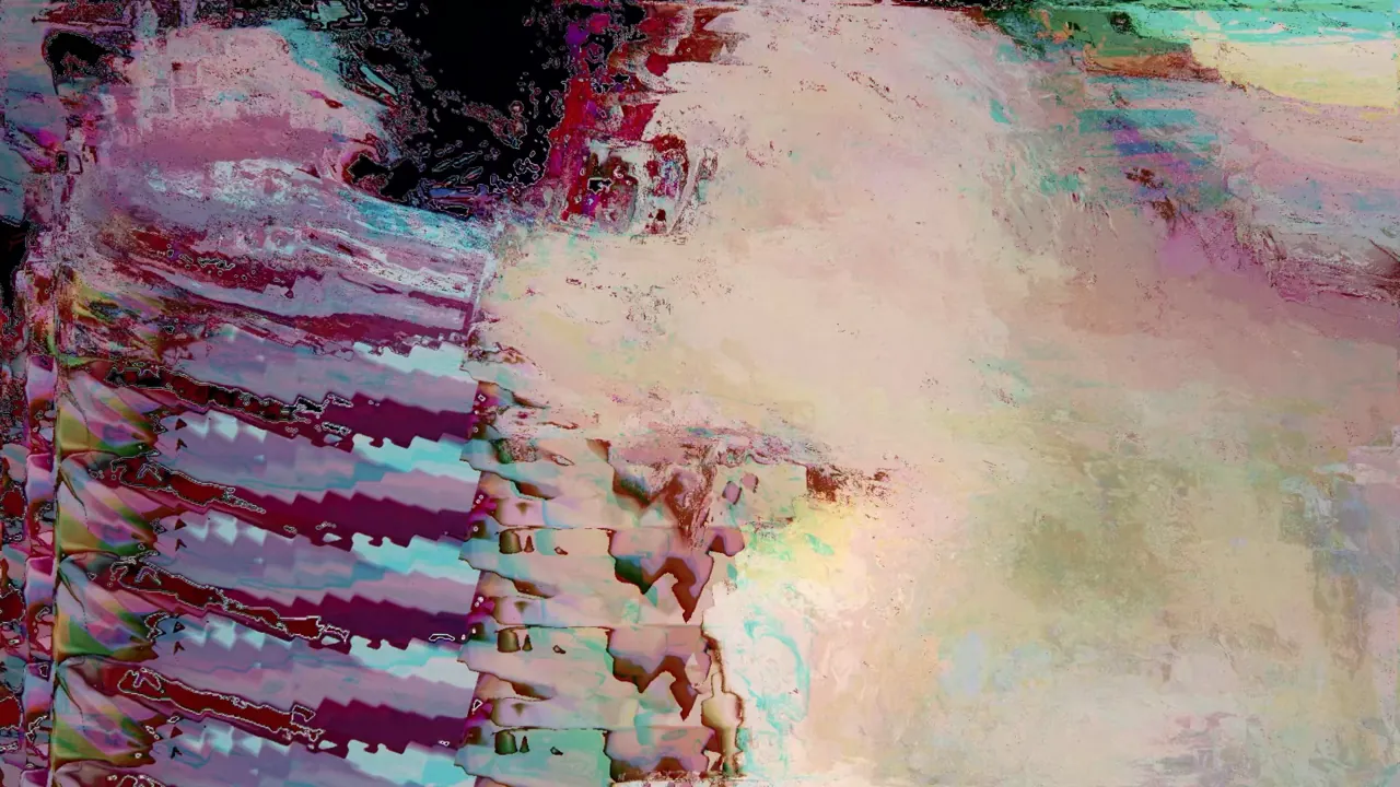 Fixate visual: layered pink, cyan, and white distortion