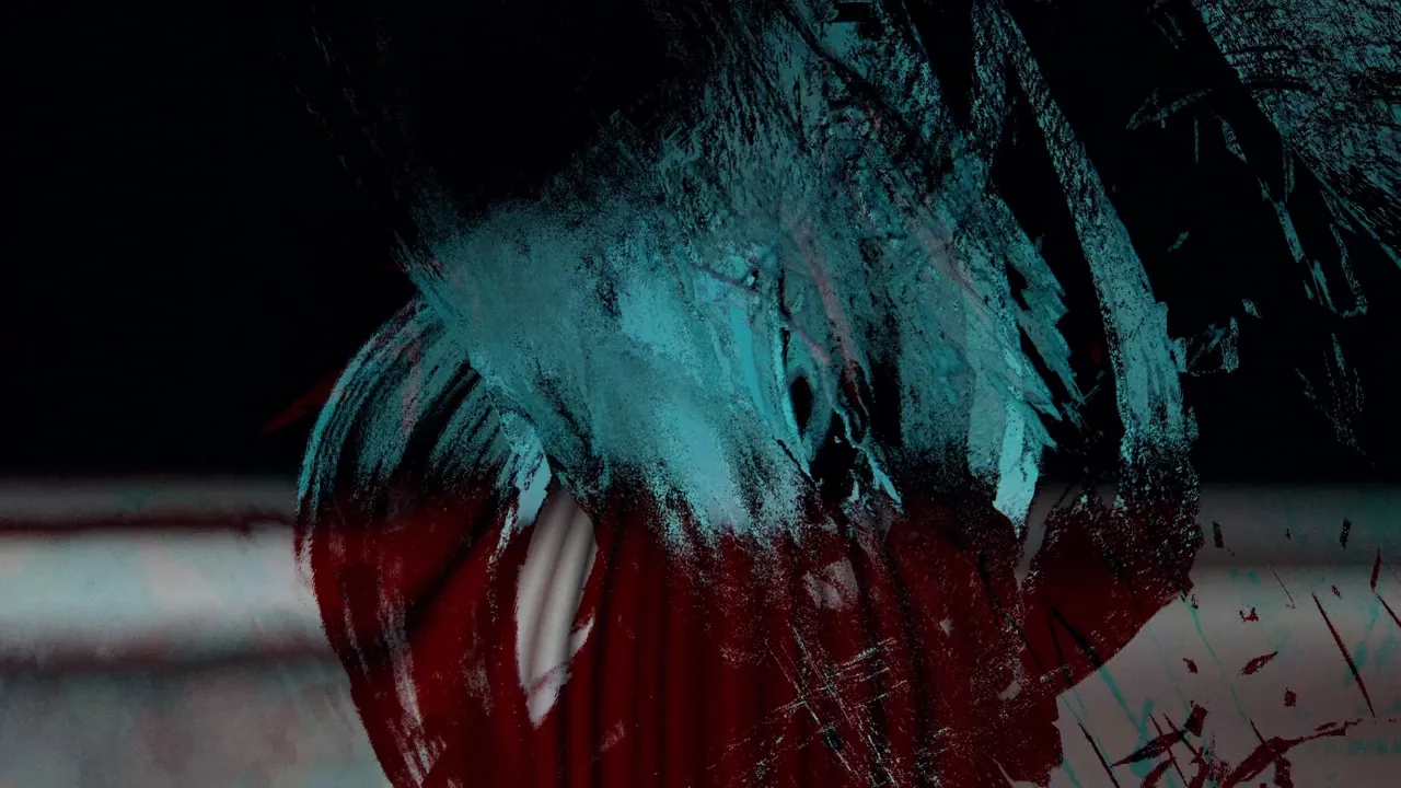 Fixate visual: cyan and red painted head