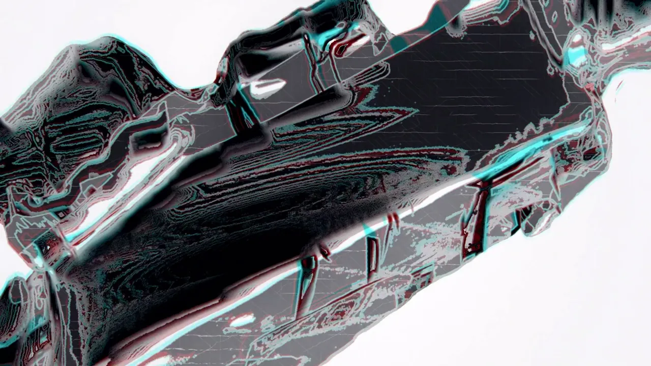 Fixate visual: metallic cyan and red sliced form